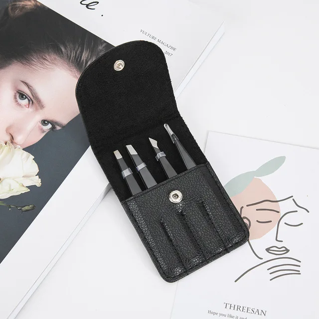 

3 PCS/Set Eyebrow Tweezers Stainless Steel Point Tip/Slant Tip/Flat Tip Hair Removal Makeup Tools Accessory with Black Bag Case