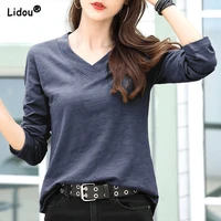 popularity t shirts casual v neck long sleeve trend solid spring autumn cotton loose all match comfortable wild womens clothing