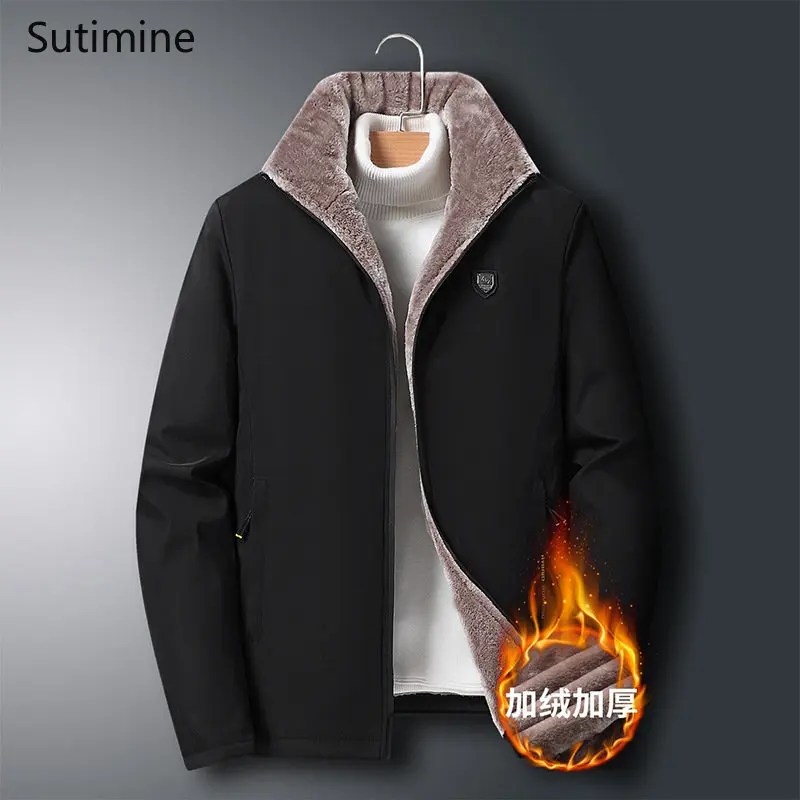 Coat Men Winter Turn-down Collar  Zipper Men's Cashmere Thickened Warm Cotton Padded Clothes Pockets Casual Winter Coat Men