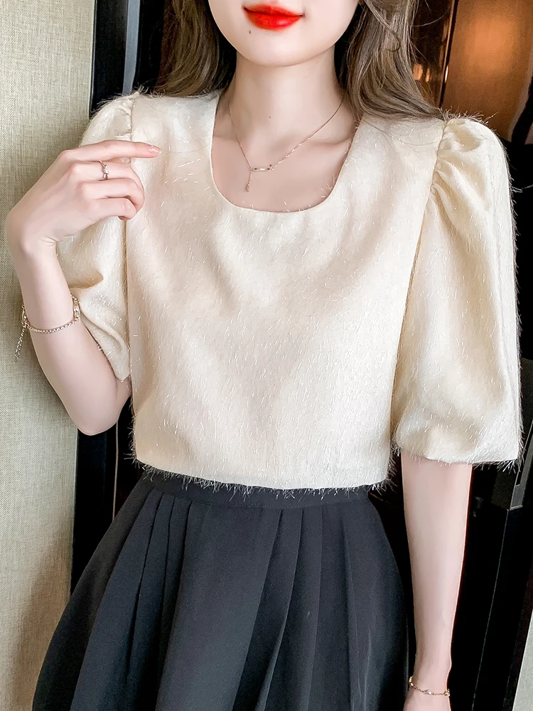 

QOERLIN Bubble Sleeve Blouse Sweet O Neck Luxury Party Tops 2023 Summer New Short Sleeve Loose Elegant Shirts Solid Blouses