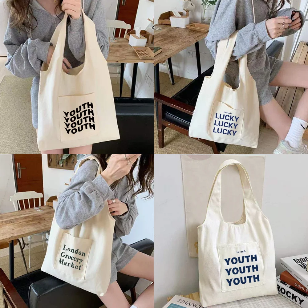 

New Shopping Canvas Vest Bag Tote Bag Women Canvas Shoulder Bag Letter Pattern Vest Bag Daily Grocery Handbag Book Bag for Girls