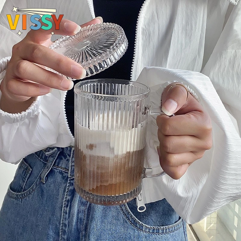 

Transparent Water Jug Glass Striped Coffee Cups with Hands Japanese Style Simple and Beautiful Glass Milk Cup Tea Cup Wedding
