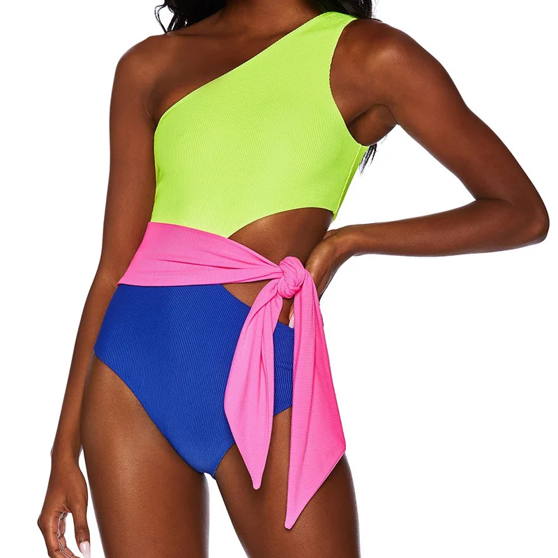 

K Fashion 2023 New One Piece Swimsuit Small Pit Fabric Splice Contrast Hollow Out Women's Bikini Sets