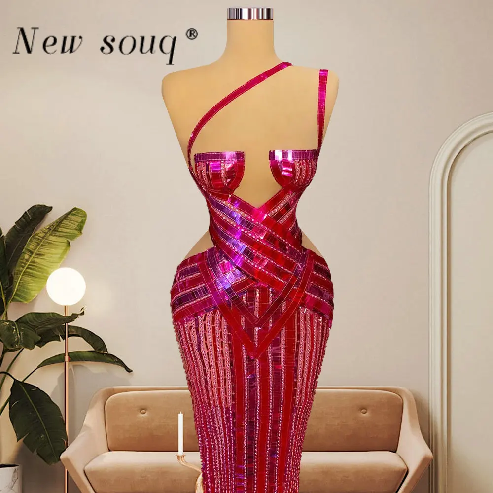 

Fashion Sexy Illusion Fuchsia Short Cocktail Party Dresses Luxury Mirror Crystals Midi Mermaid Prom Gowns Robe De Soirée Femme
