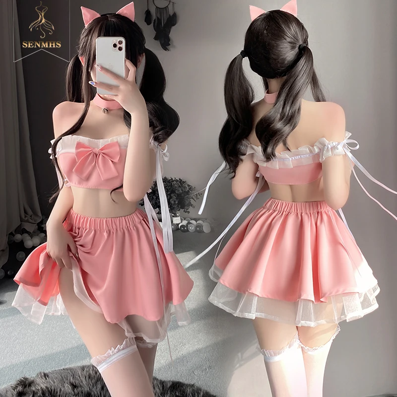 

SENMHS Cute Cat Cosplay Women's Lingerie Babydoll Maid Skirt Schoolgirl Sexy Costume Temptation Hollow Out Tops Exotic Nightwear