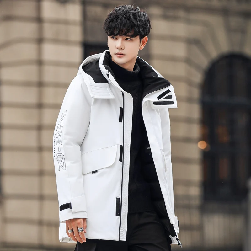 white eiderdown men handsome, fashionable, comfortable, long hooded down jacket simple, fashionable and versatile down windbre