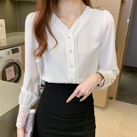 korean women blouses shirts women long sleeve white shirt woman chiffon blouse shirt woman v neck lace embroidery blouses tops
