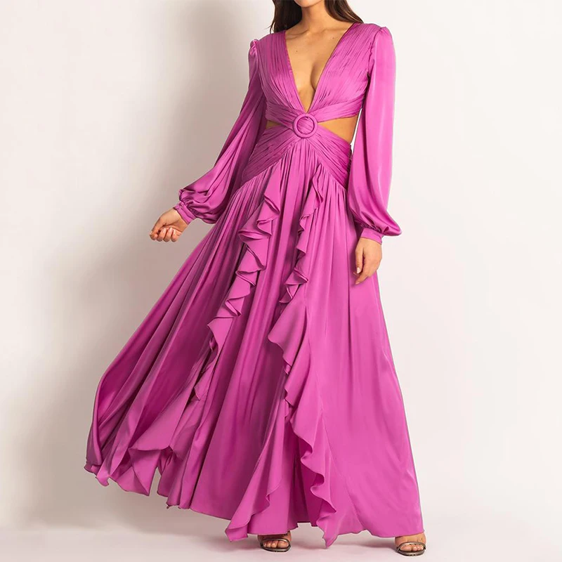 

Sexy Woman Dress High Waist V-neck Women's Pleated Solid Color Ruffled Dresses Vestido de Mujer Robe Femme Roupas Femininas