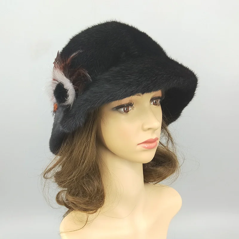 New Winter Mink Hat Women's Warm Big Brim Hat Whole Fur Mink Korean Version Top Hat With Flower Fashion