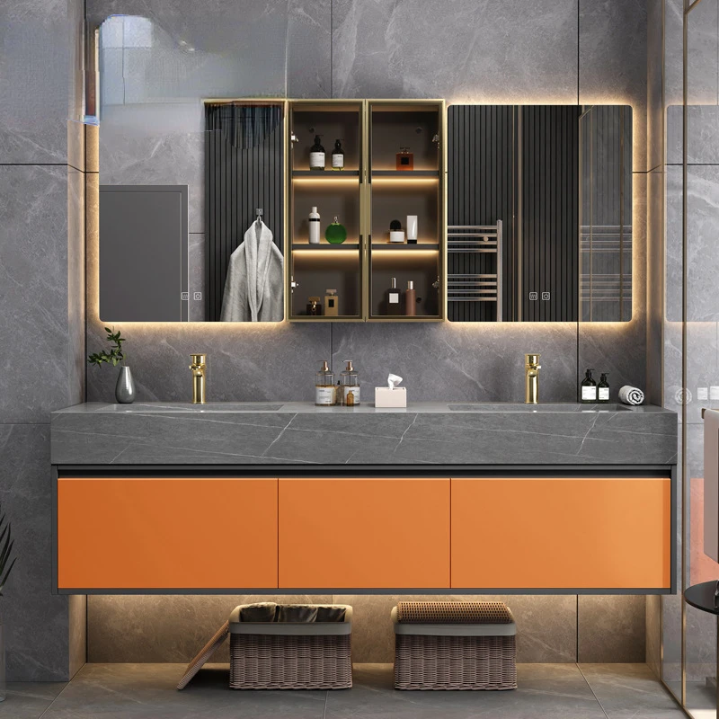 

Light luxury Nordic slate integrated double basin bathroom cabinet combination smart minimalist modern wash basin wash basin