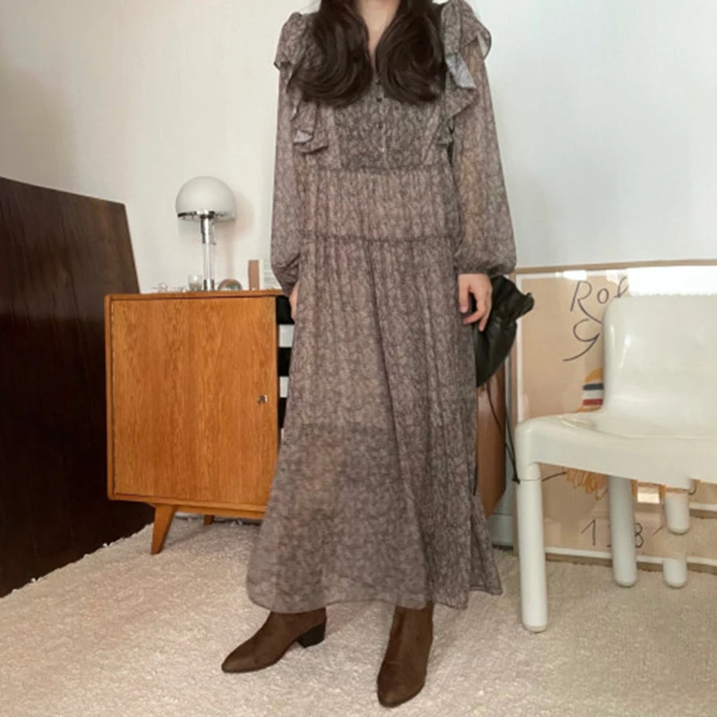 

Женское винтажное шифоновое платье с цветочным принтом, V-образным вырезом и пуговицами