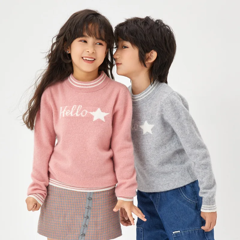 Новинка Зима 100% шерсть детский пуловер с круглым вырезом рубашка свитер