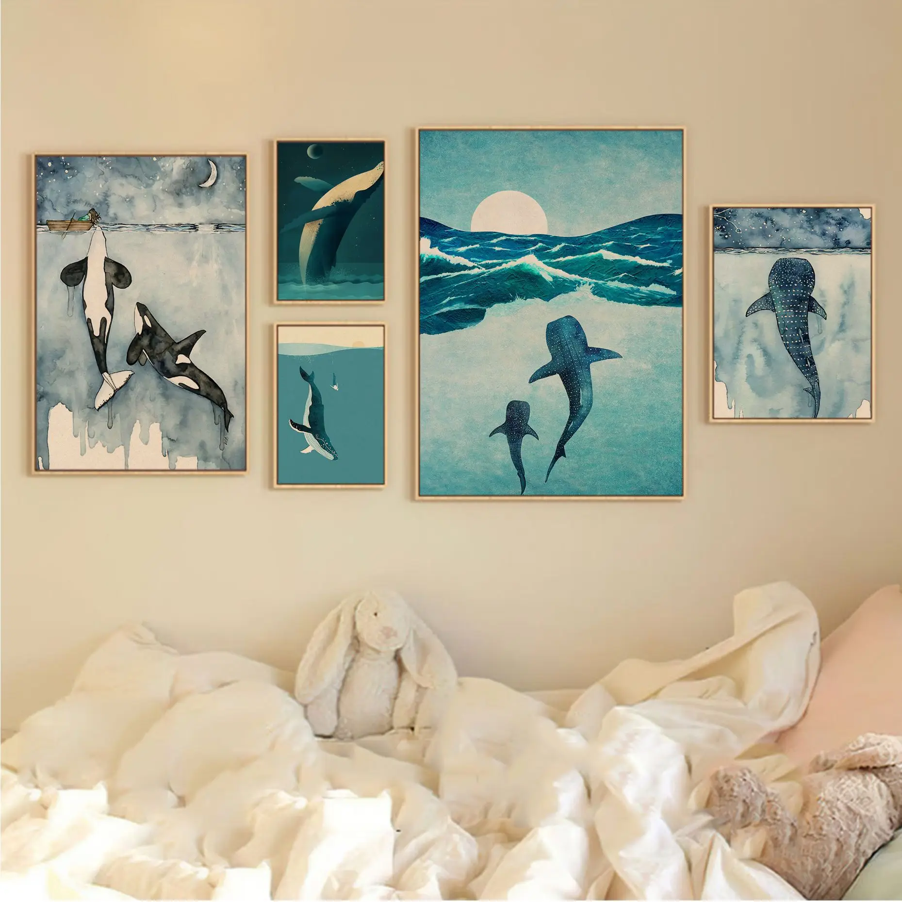 Синяя акварель кит акула морские животные винтажные постеры наклейка из