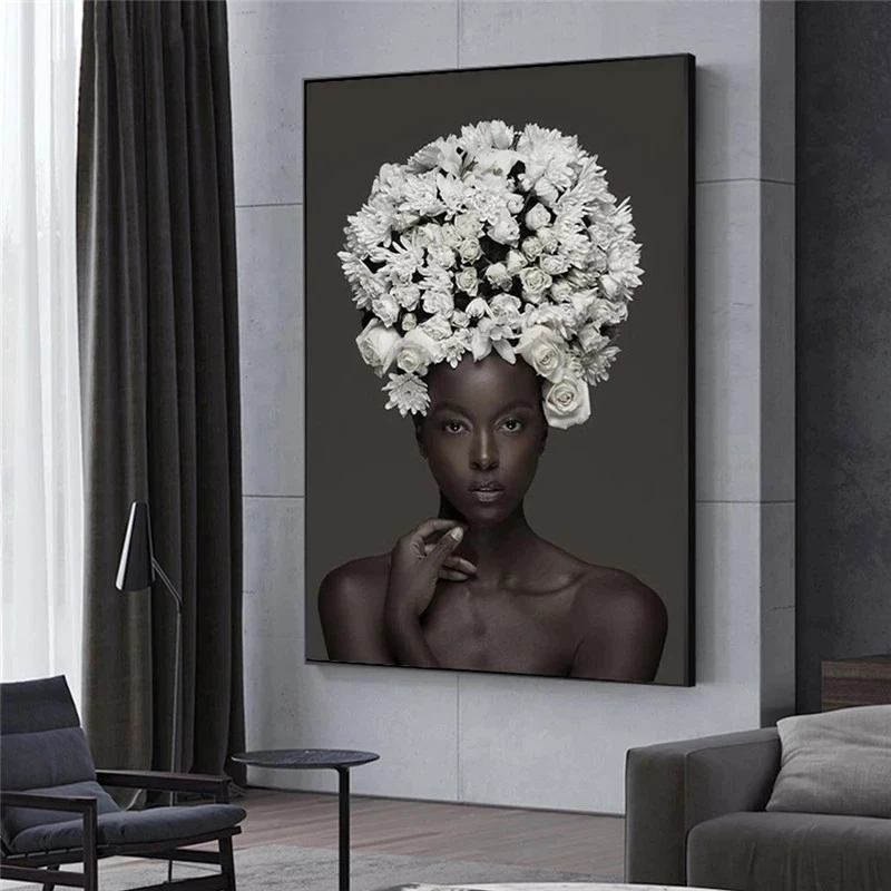 

African Woman Flowers on Head Poster Canvas Art Decor Paintings on The Wall Art Nordic Art Pictures Home Wall Decor Cuadros