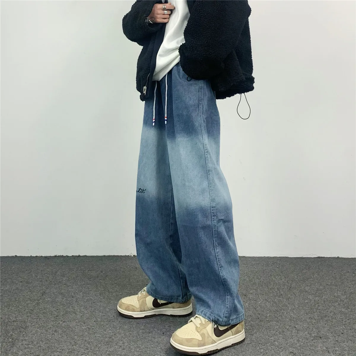 Men Jeans Ins Drawstring Design Letter Printing Color Gradient Loose Straight Jeans Y2k Fashion Street Jeans Ins Hot Sale Casual