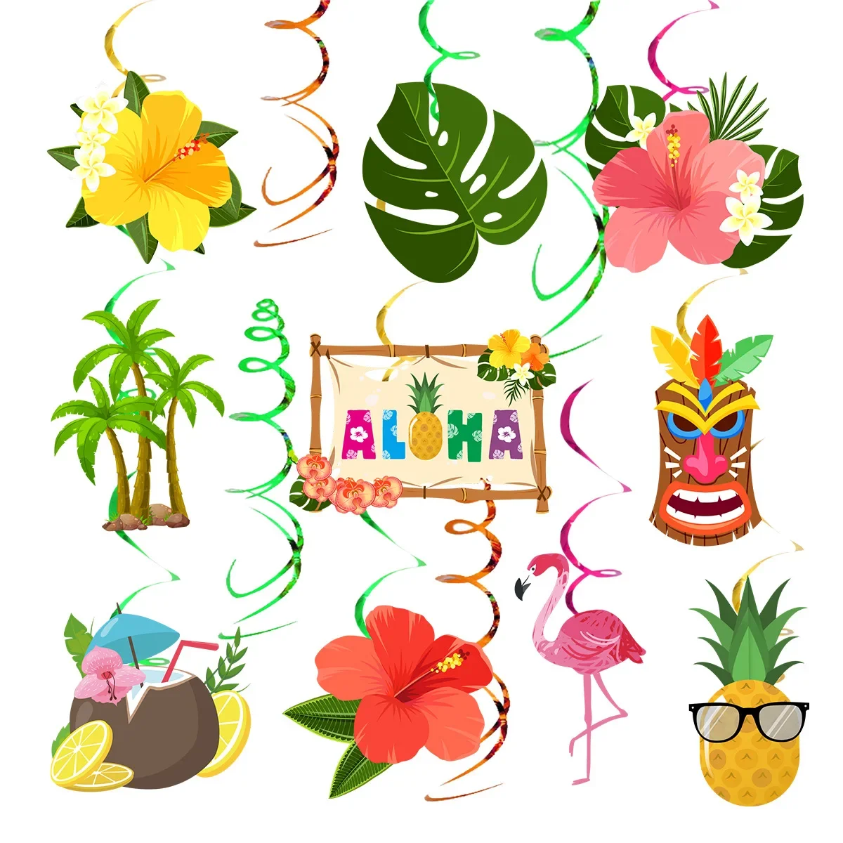 

Гавайское украшение для вечеринки, тропическая спиральная подвеска, ананас, фламинго, черепаха, лист для пляжа, дня рождения, очарование