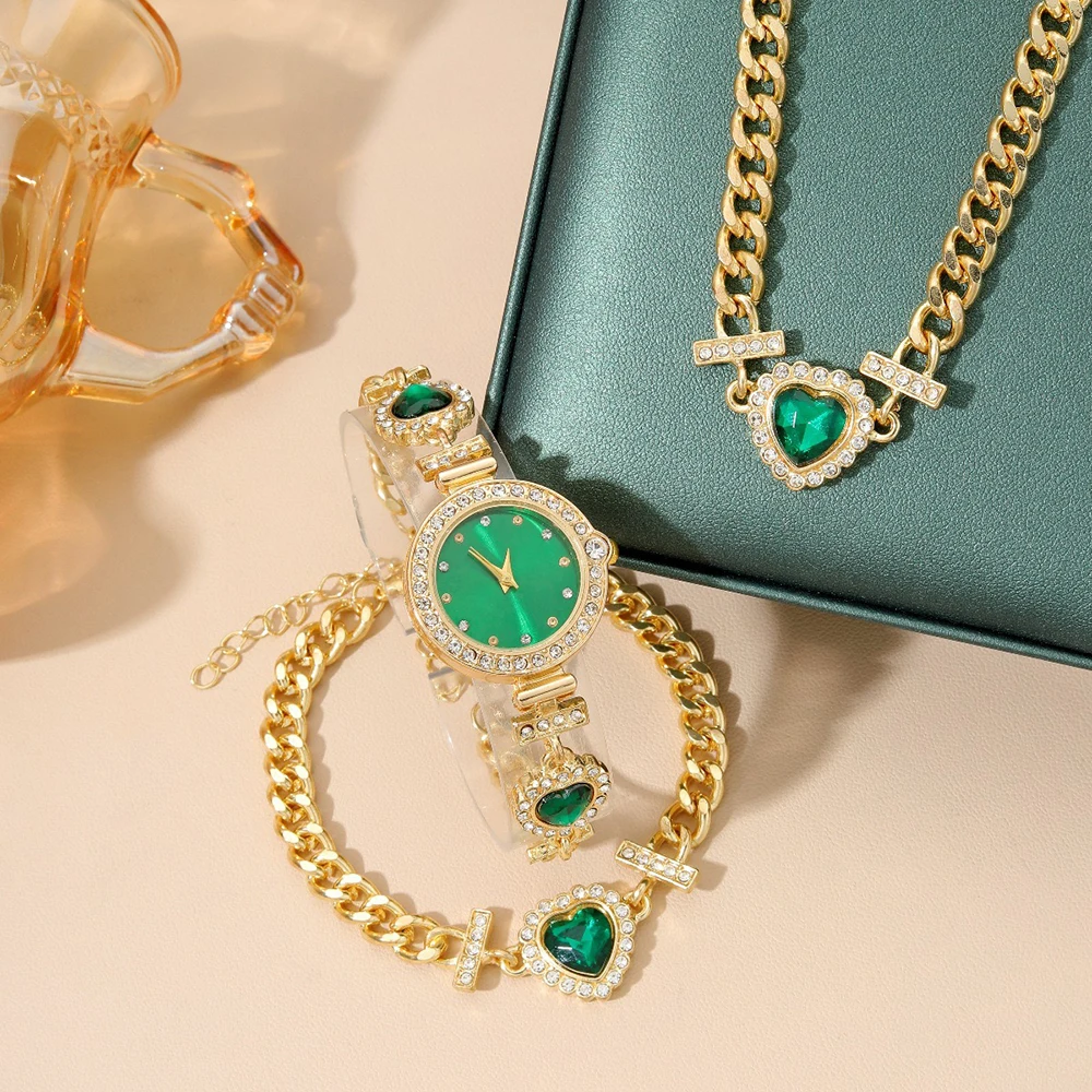 3 шт. комплект женских часов с бриллиантами зеленые часы женские наручные элитный
