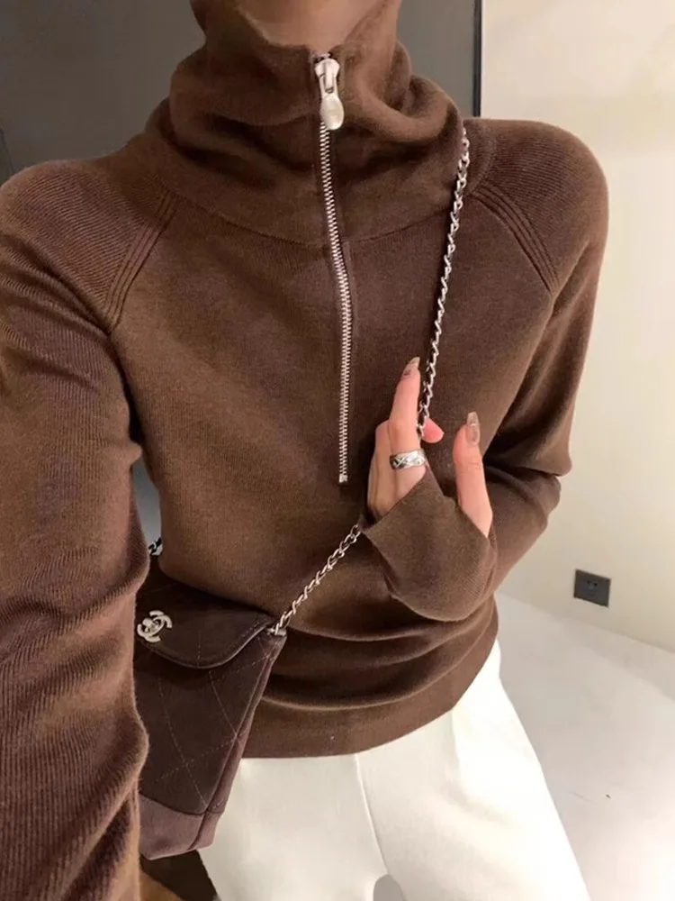 Half Zipper Turtleneck Lapel Knit Women Autumn and Winter High-Grade Soft Glutinous Sweater Inner wear Western Sle Slim fit...