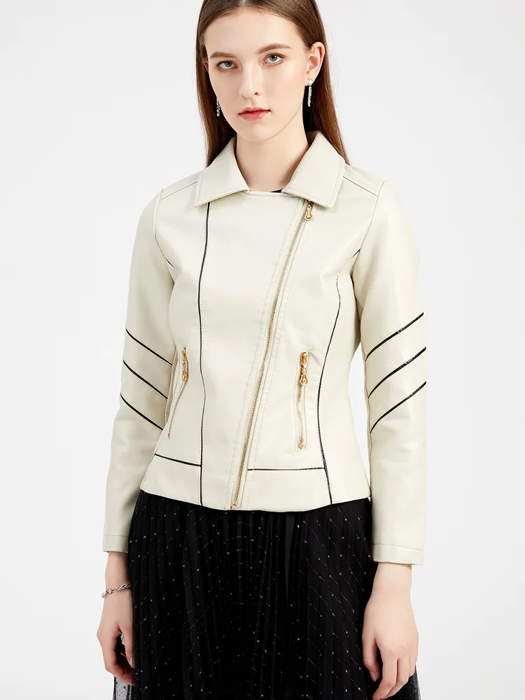 

Autumn 2023 Faux Pu Leather Jacket Women's Striped Short Coat Zipper Pocket Thin Motorcycle Jacket Red Black Women's Clothing