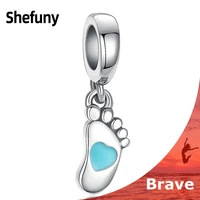 shefuny 925 sterling silver footprint charms blue enamel heart pendant beads fit european bracelet for women mother fine jewelry
