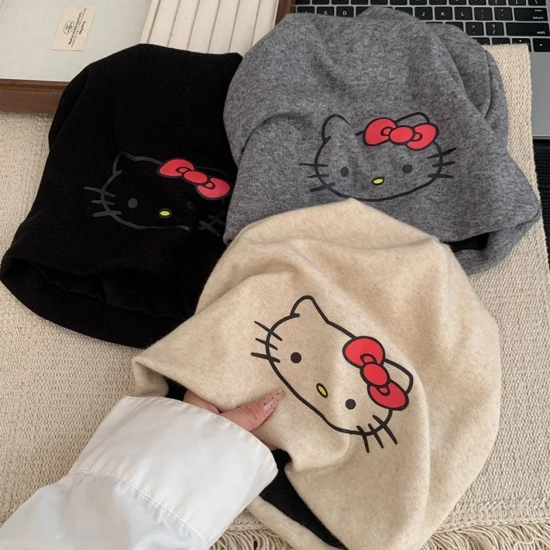 Фото Шапка-бини Sanrio с милым мультяшным котёнком, для большого обхвата головы, с эффектом уменьшения лица, свободная, в стиле баотоу, для защиты от холода. №1