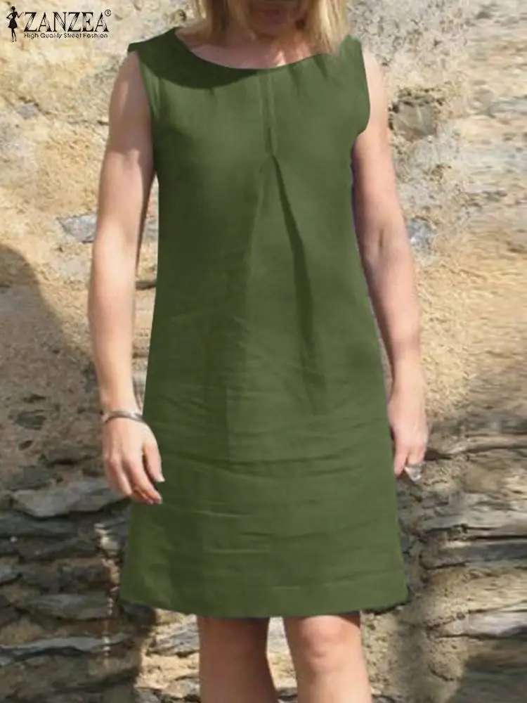 

ZANZEA Summer Sleeveless Dress Woman O-Neck Solid Color Knee Length Dresses Femme Casual Holiday Vestidos Fashion Party Sundress