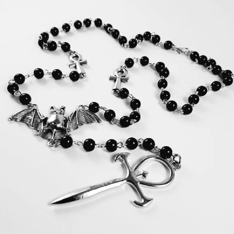 

Gothic Vintage Cross Chapter Pendant Necklace For Women Men Balck Beaded Bat Necklace Punk Hip Hop Party Jewelry