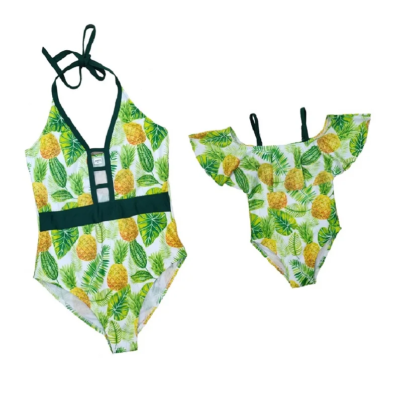 

One-Piece Mother Daughter Matching Swimsuits Family Set Pineapple Mommy and Me Swimwear Women Girls Bikini Dresses Clothes 2023