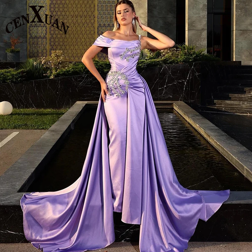 

CENXUAN Classic Evening Gowns For Women Crystals Strapless Off The Shoulder Pleat Court Train Vestido De Noche Made To Order