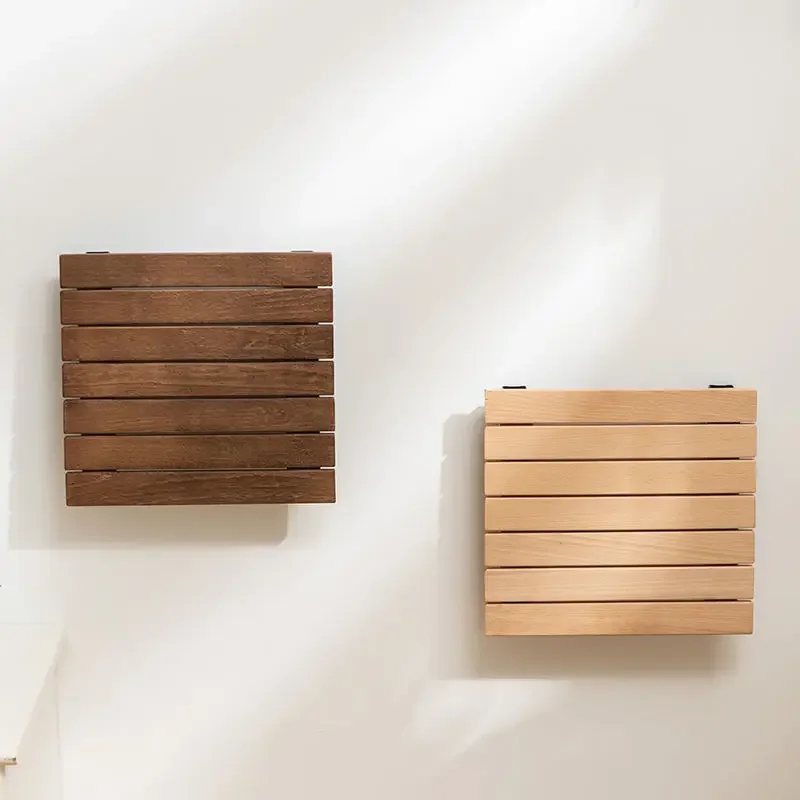 Складной стул с креплением на стену невидимый для смены обуви из массива дерева