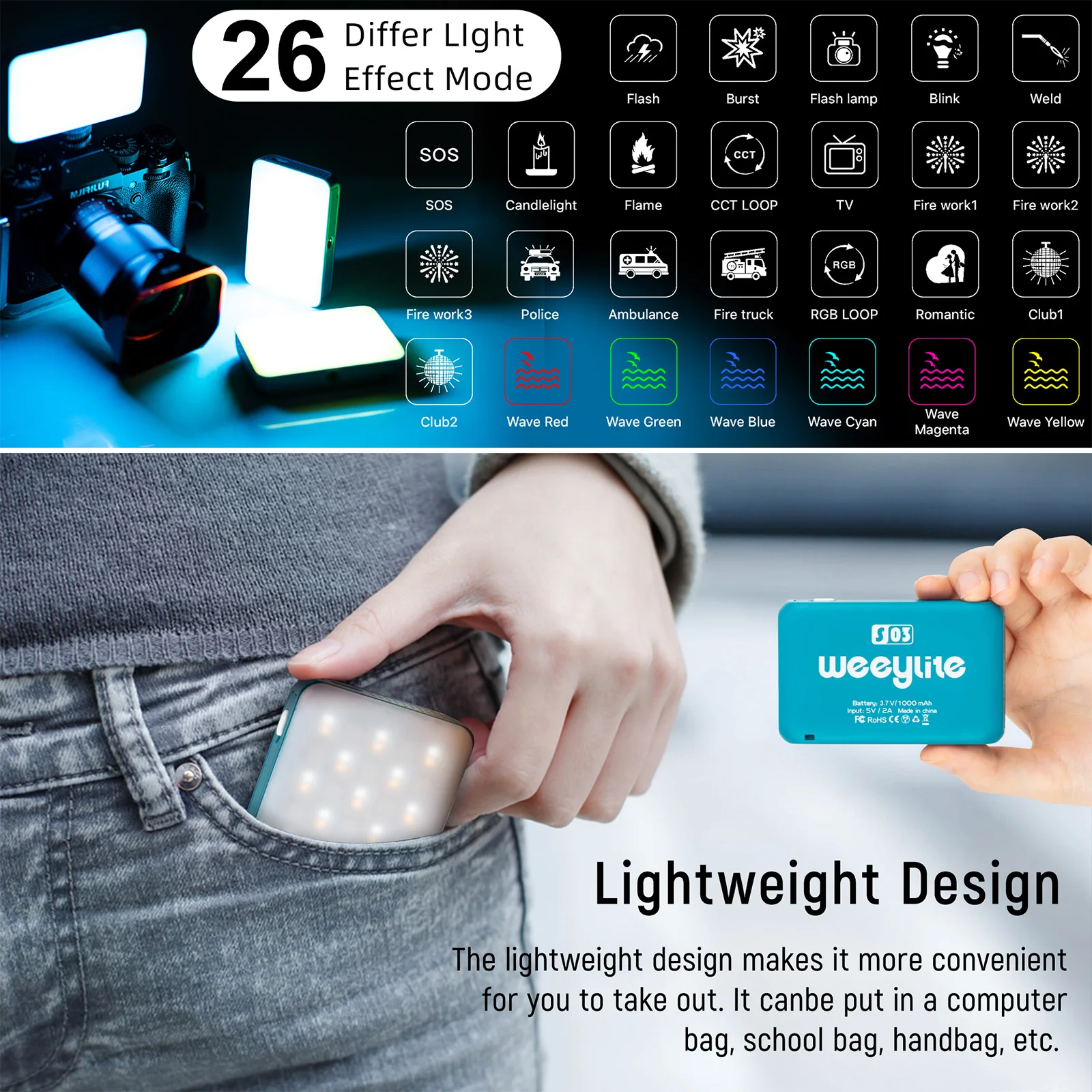 Weeylite S03 Портативная карманная RGB светодиодная панель для видеосъемки с