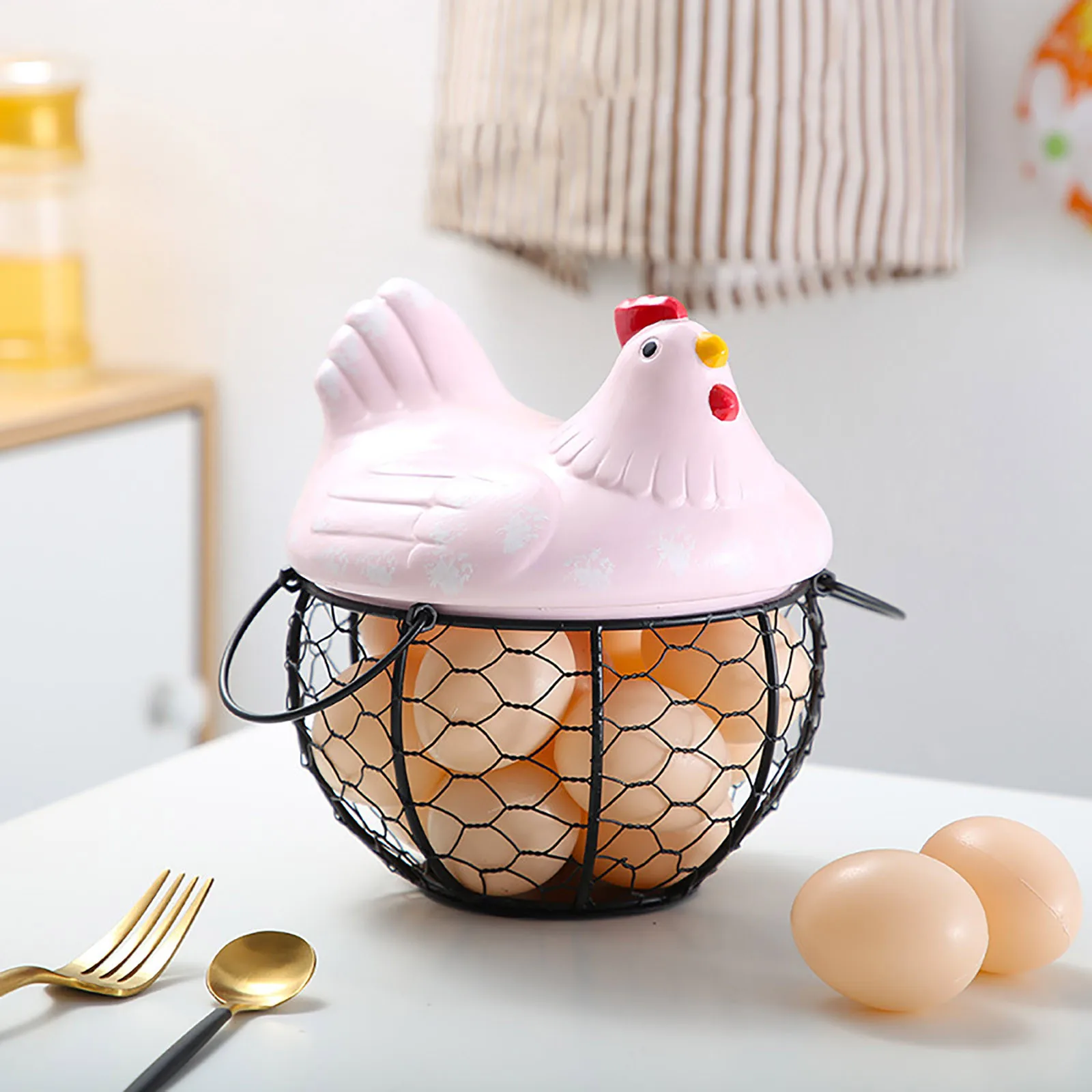 

Simple Iron Ceramic Egg Storage Basket Snack Fruit Container Creative Collection Hen Ornament Kitchen Supplies Home Decoration
