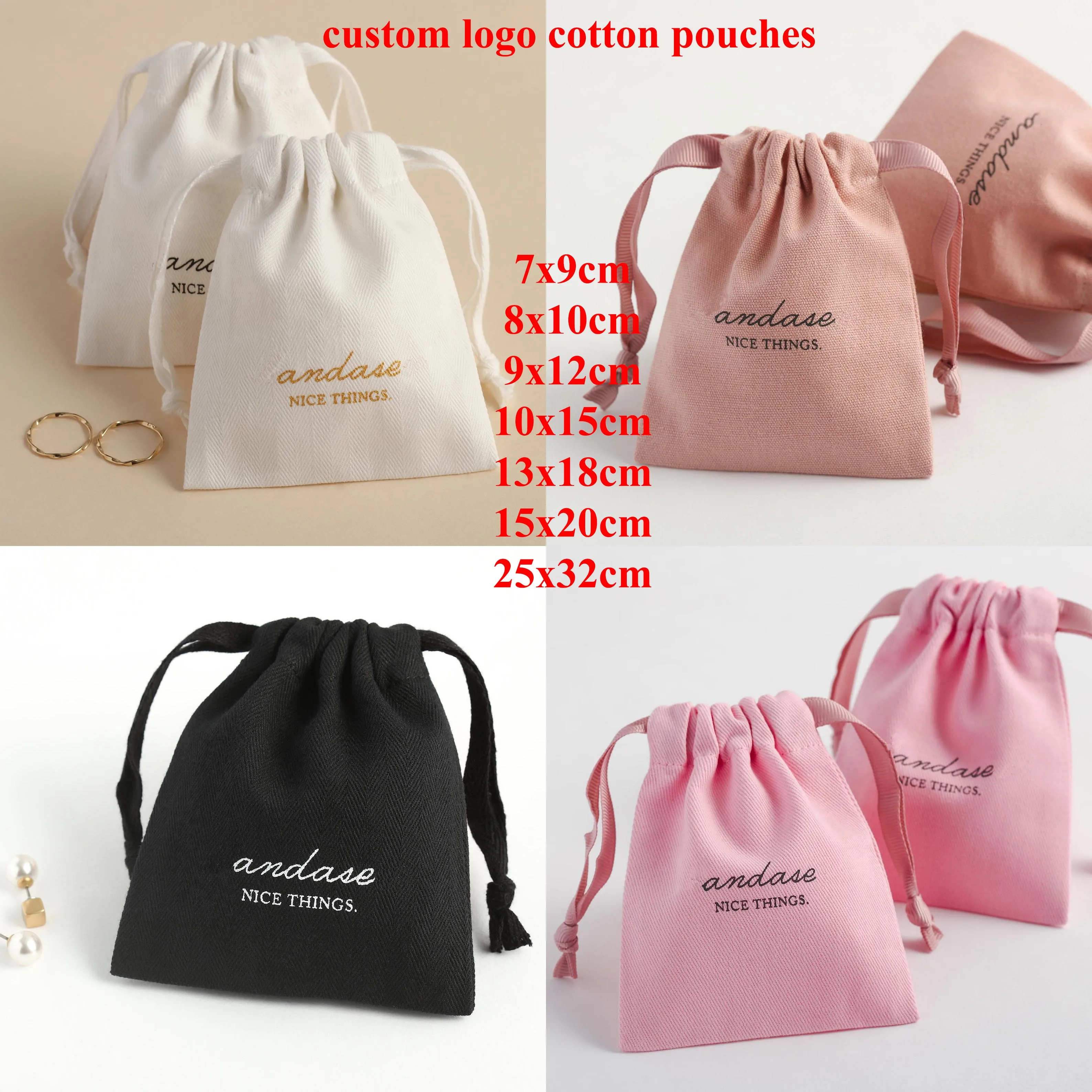 100pcs 8X11 10x15 13x18cm 25x32cm Custom Logo Cotton Pouches Jewelry Wedding Favor Party Personalized Canvas Gift Bags Business