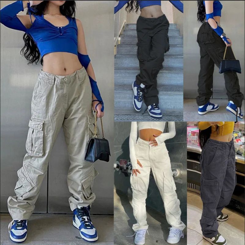 

Women's Straps, Trousers, Pockets, Casual Style High Waist Button Long Pants Summer 90s Retro Street Wear Y2K Joint Clothing