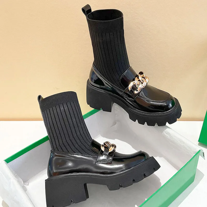 

Women Knitting Ankle Sock Boots High Heels Chain Chelsea Boots Winter 2022 New Thick Platform Mary Janes Shoes Casual Snow Botas