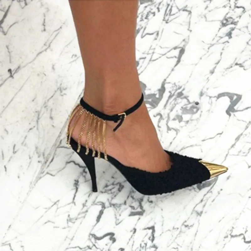 

2022 European and American spring new ladies high heels chain decorative shoes
