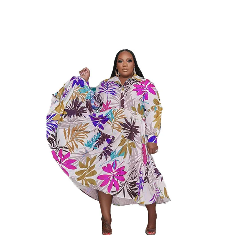 Plus Size Oversize Fashion Printing Women Long-sleeved Shirt Dress Elegant Clothing Turn Down Neck Buttons Ho 3xl 4xl 5xl 6xl