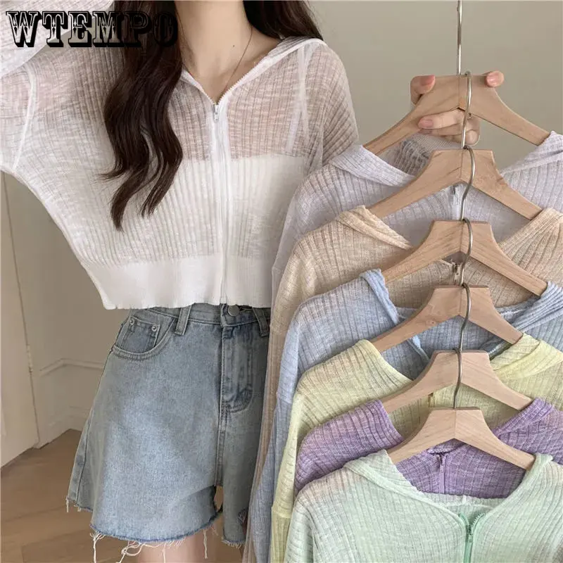 

WTEMPO Hooded Sunscreen Cardigans Women's Fashion New Thin Summer White Blue Short Ice Silk Zipper Knitted Coats Drop Shipping