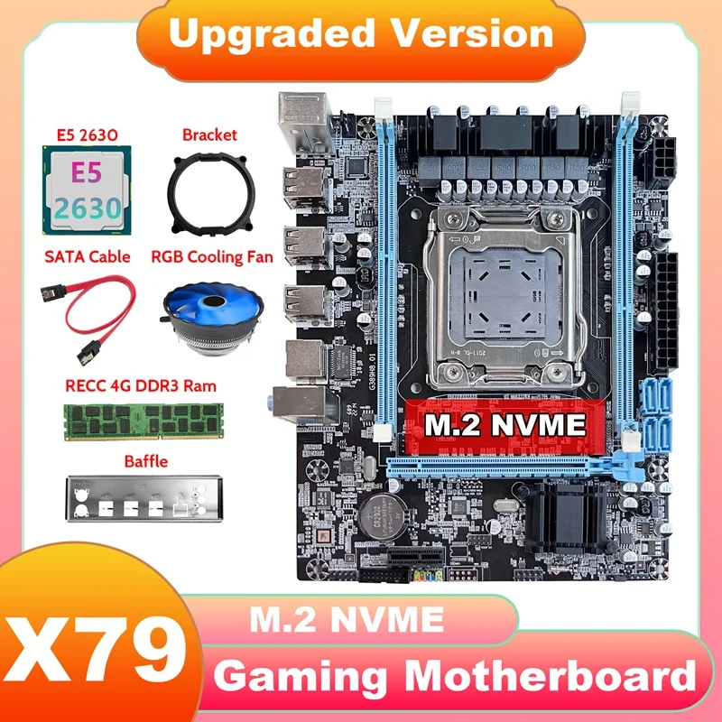 

X79 Motherboard V389+E5 2630 CPU+DDR3 RECC 4GB RAM+Fan+SATA Cable+Baffle+Bracket NVME LGA2011 For CF LOL PUBG