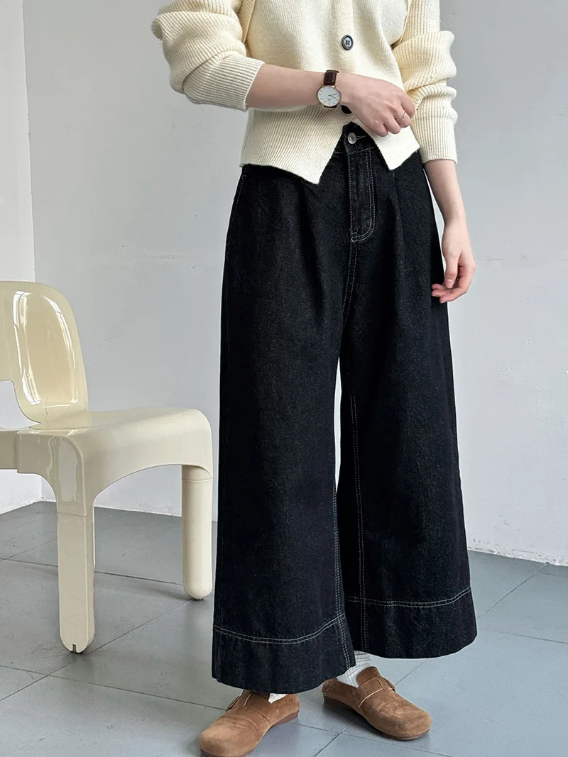 

Japanese-style Minimalist High-waisted Wide-leg Flared Denim Pants Autumn Winter Thickened Brushed Fleece Jeans Nine-point