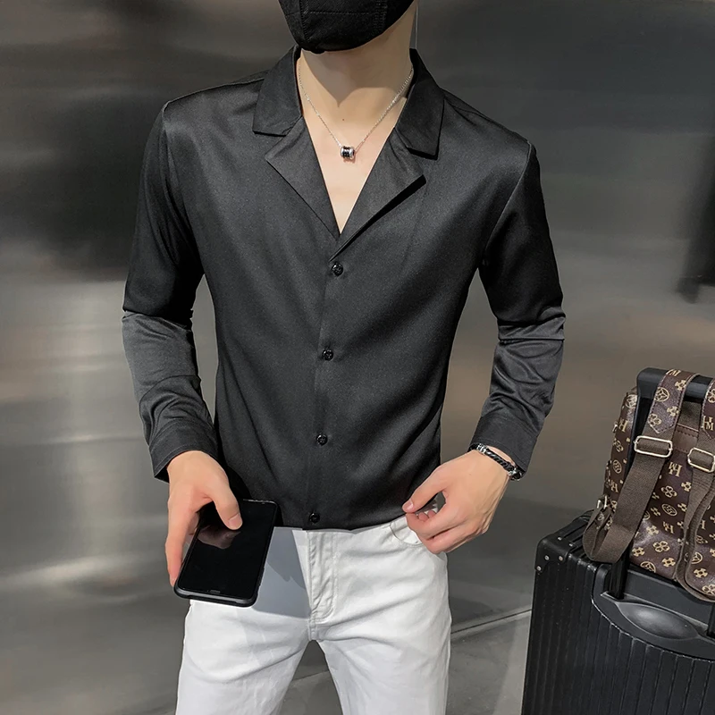 High Quality Solid Color Shirts for Men Long Sleeve Slim Casual Shirt Business Social Dress Shirt Show Party Tuxedo Man Clothing