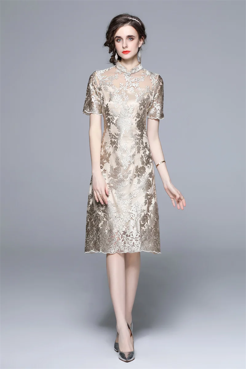 

High Quality Women Summer Elegant See-Through Mesh Embroidery Chinese Style Cocktail Party Robe Female Vintage Dress Vestidos