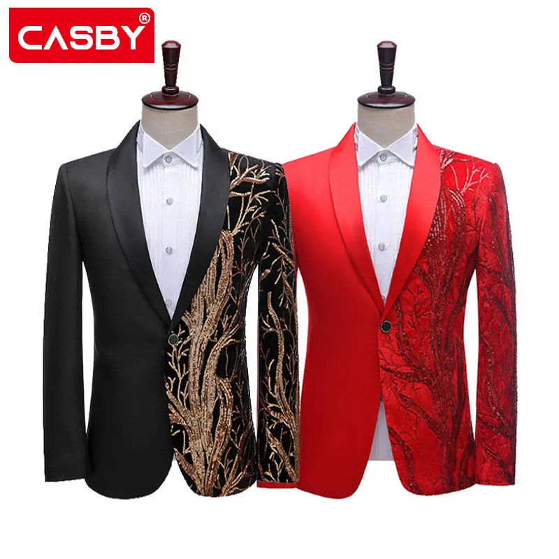 

New Men's Shawl Lapel One Button Sequins Red Black Blazer Wedding Groom Prom Suit Jackets Singer Host Stage Slim Tuxedo Costume