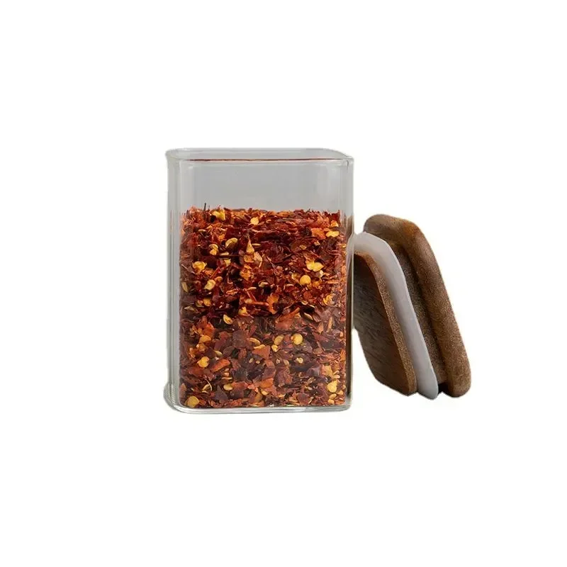 

Square Restaurant Sealing Bottles Storage Glass Spice Cover Salt Jar Kitchen 4pcs Cans Acacia Transparent Seasoning Wood