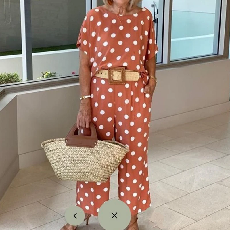 

Ladies Casual O Neck Short Sleeve Top and Belt Straight Trousers Suits Summer Fashion Loose Sets Vintage Polka Dot Print 2 Piece