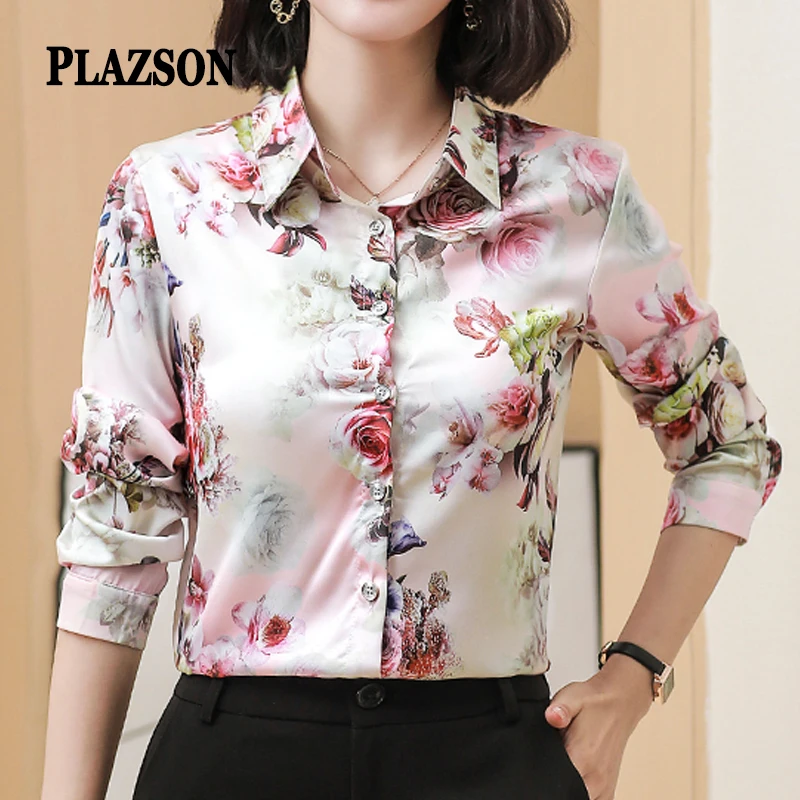 Женская винтажная атласная рубашка с цветочным принтом, повседневная ...