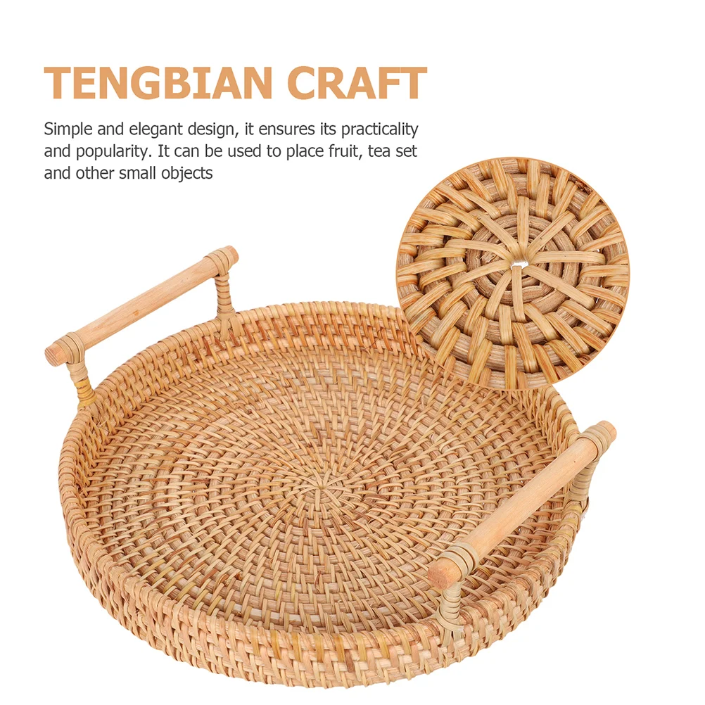 

Rattan Round Tray Coffee Table Wicker Fruit Woven Serving Handles Snacks Bathroom Storage