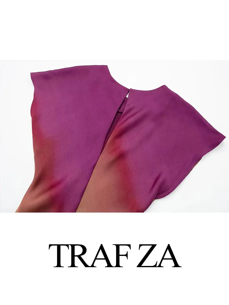 TRAFZA Women's Fashion Print Short Sleeve Dress Vintage Tie Dye O-Neck Midi Dresses Spring Female Casual Chic Satin Dress