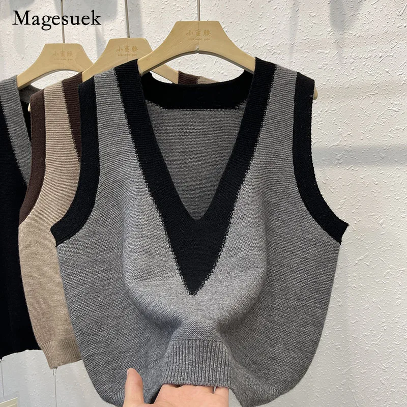 

Женский винтажный свитер-жилет, Мягкий трикотажный свитер контрастных цветов с V-образным вырезом, Повседневный свитер, модель 2022 на осень, ...