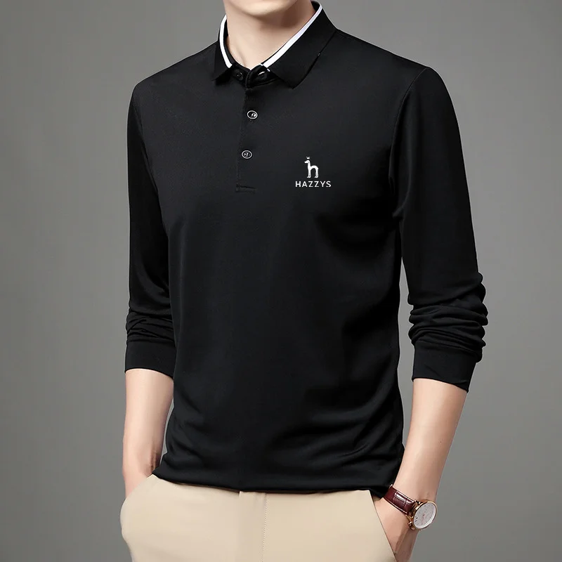 HAZZYS Men's Spring Summer Autumn New Business Lapel T-shirt Thin POLO Shirt Solid Color Fashion Simple Style Base Coat